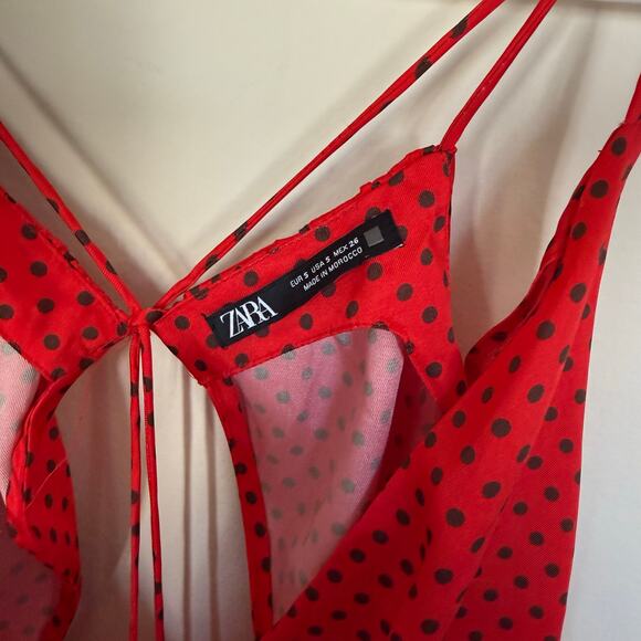 ZARA Polka Dot Red Open Crossover Back Mini Cocktail Satin Dress Preppy Summer - Picture 9 of 16